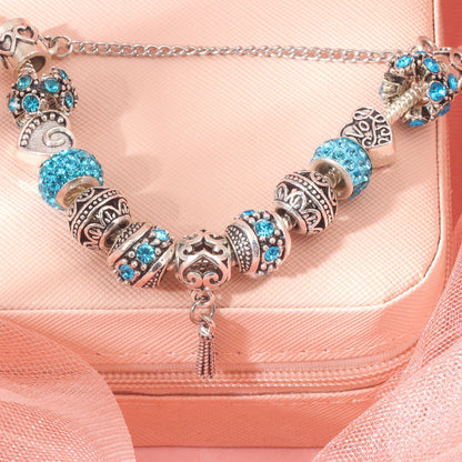 Women’s Vintage Silver-Plated Charm Bracelet - Crystal-Embedded Hollow Carved Multi-Bead Fashion Jewelry(blue-18cm) - Image 4
