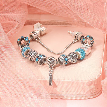 Women’s Vintage Silver-Plated Charm Bracelet - Crystal-Embedded Hollow Carved Multi-Bead Fashion Jewelry(blue-18cm) - Image 5