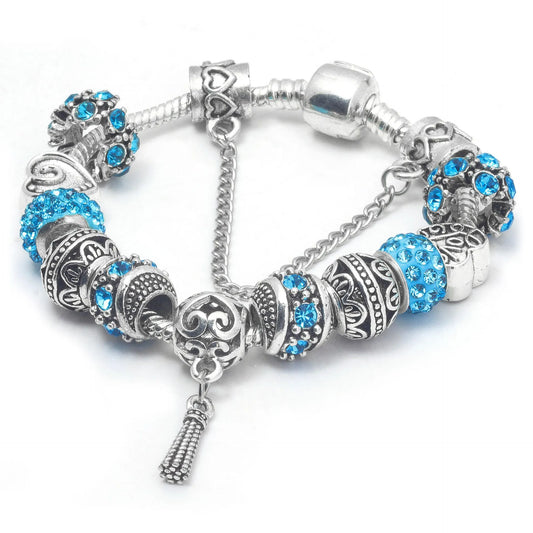Women’s Vintage Silver-Plated Charm Bracelet - Crystal-Embedded Hollow Carved Multi-Bead Fashion Jewelry(blue-19cm)
