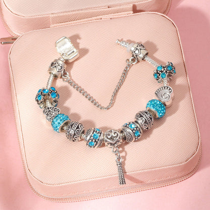 Women’s Vintage Silver-Plated Charm Bracelet - Crystal-Embedded Hollow Carved Multi-Bead Fashion Jewelry(blue-19cm) - Image 2