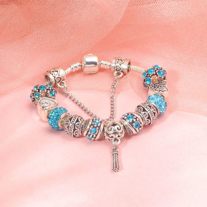 Women’s Vintage Silver-Plated Charm Bracelet - Crystal-Embedded Hollow Carved Multi-Bead Fashion Jewelry(blue-19cm) - Image 3
