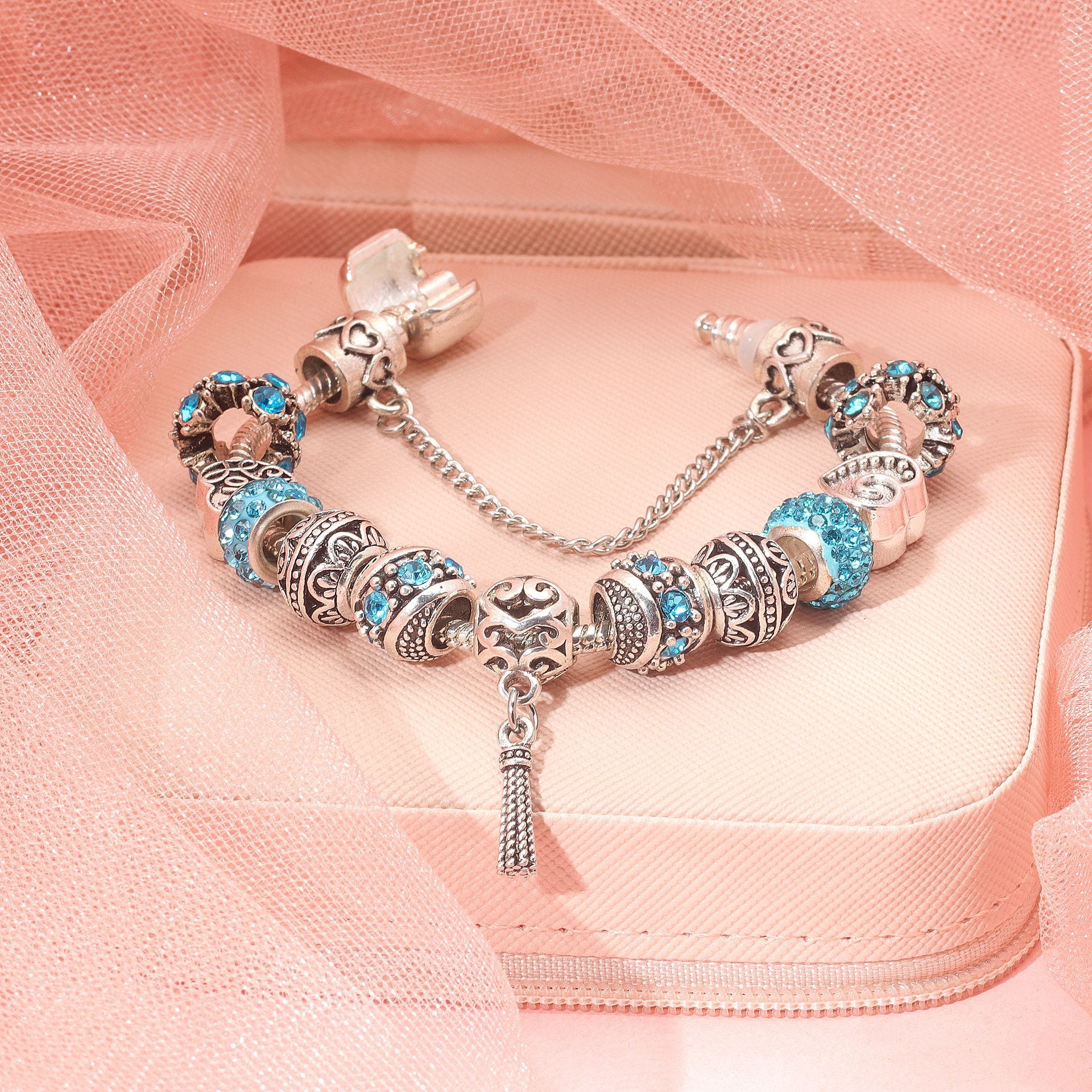 Women’s Vintage Silver-Plated Charm Bracelet - Crystal-Embedded Hollow Carved Multi-Bead Fashion Jewelry(blue-19cm) - Image 5