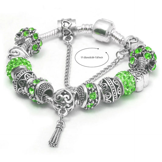 Women’s Vintage Silver-Plated Charm Bracelet - Crystal-Embedded Hollow Carved Multi-Bead Fashion Jewelry(green-17cm)