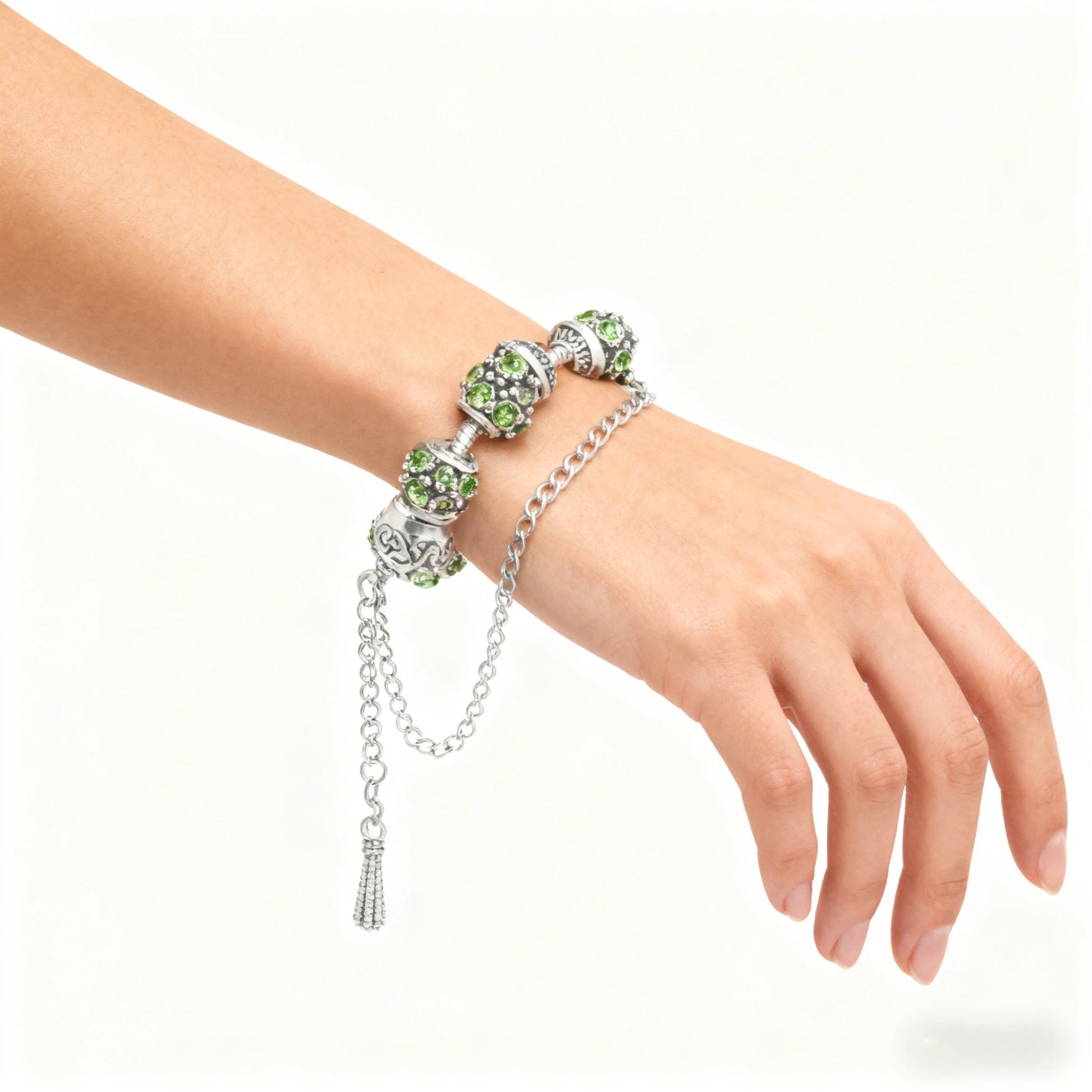 Women’s Vintage Silver-Plated Charm Bracelet - Crystal-Embedded Hollow Carved Multi-Bead Fashion Jewelry(green-17cm) - Image 3