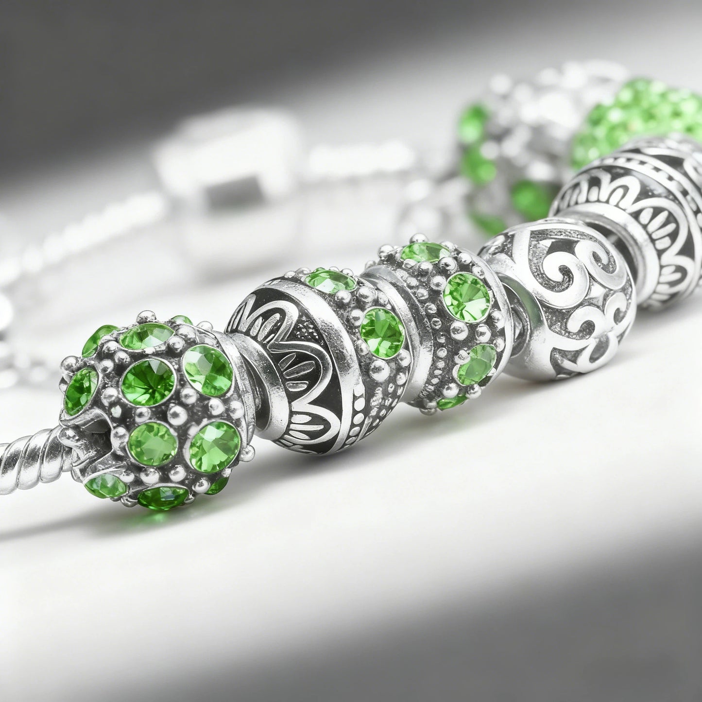 Women’s Vintage Silver-Plated Charm Bracelet - Crystal-Embedded Hollow Carved Multi-Bead Fashion Jewelry(green-18cm) - Image 4