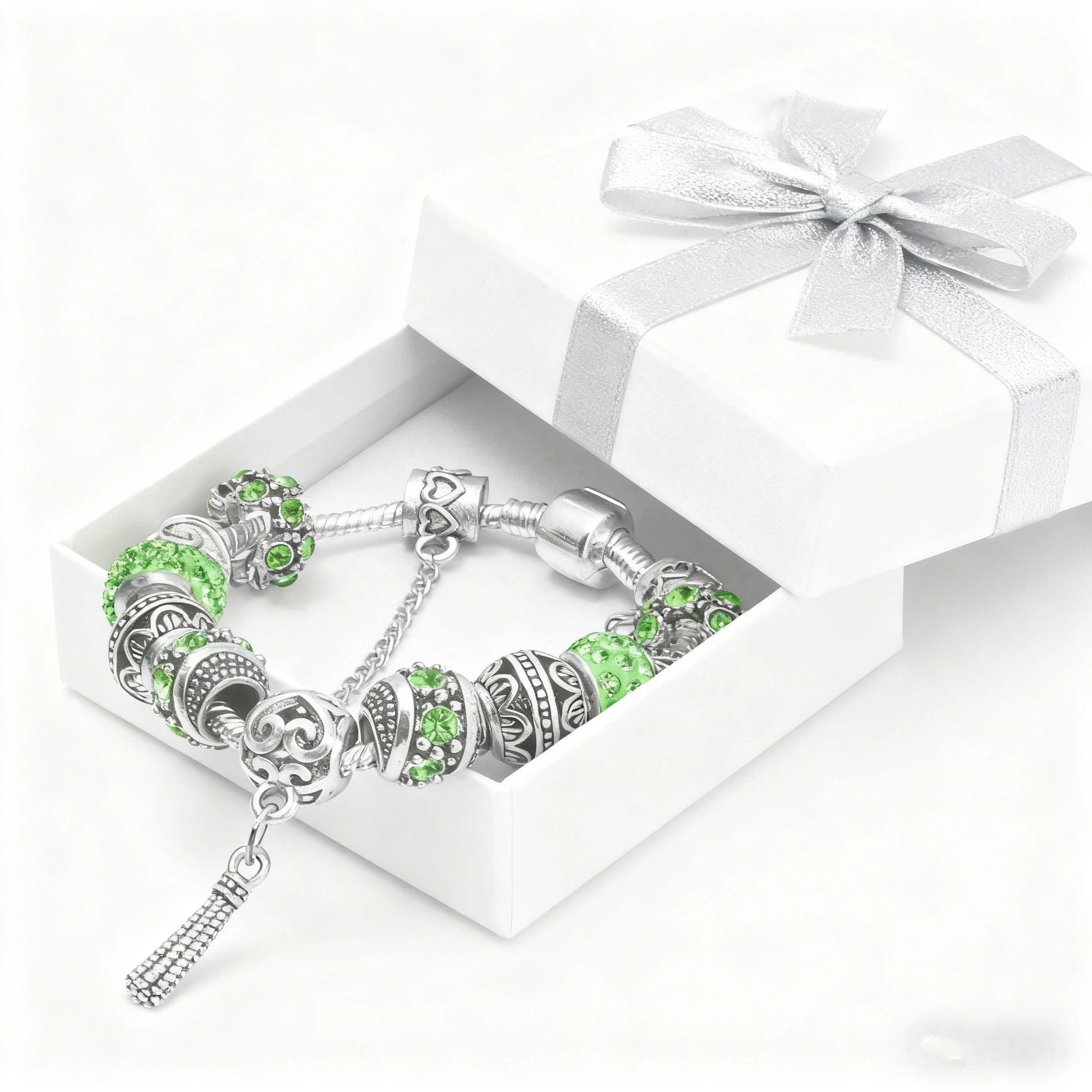 Women’s Vintage Silver-Plated Charm Bracelet - Crystal-Embedded Hollow Carved Multi-Bead Fashion Jewelry(green-18cm) - Image 6
