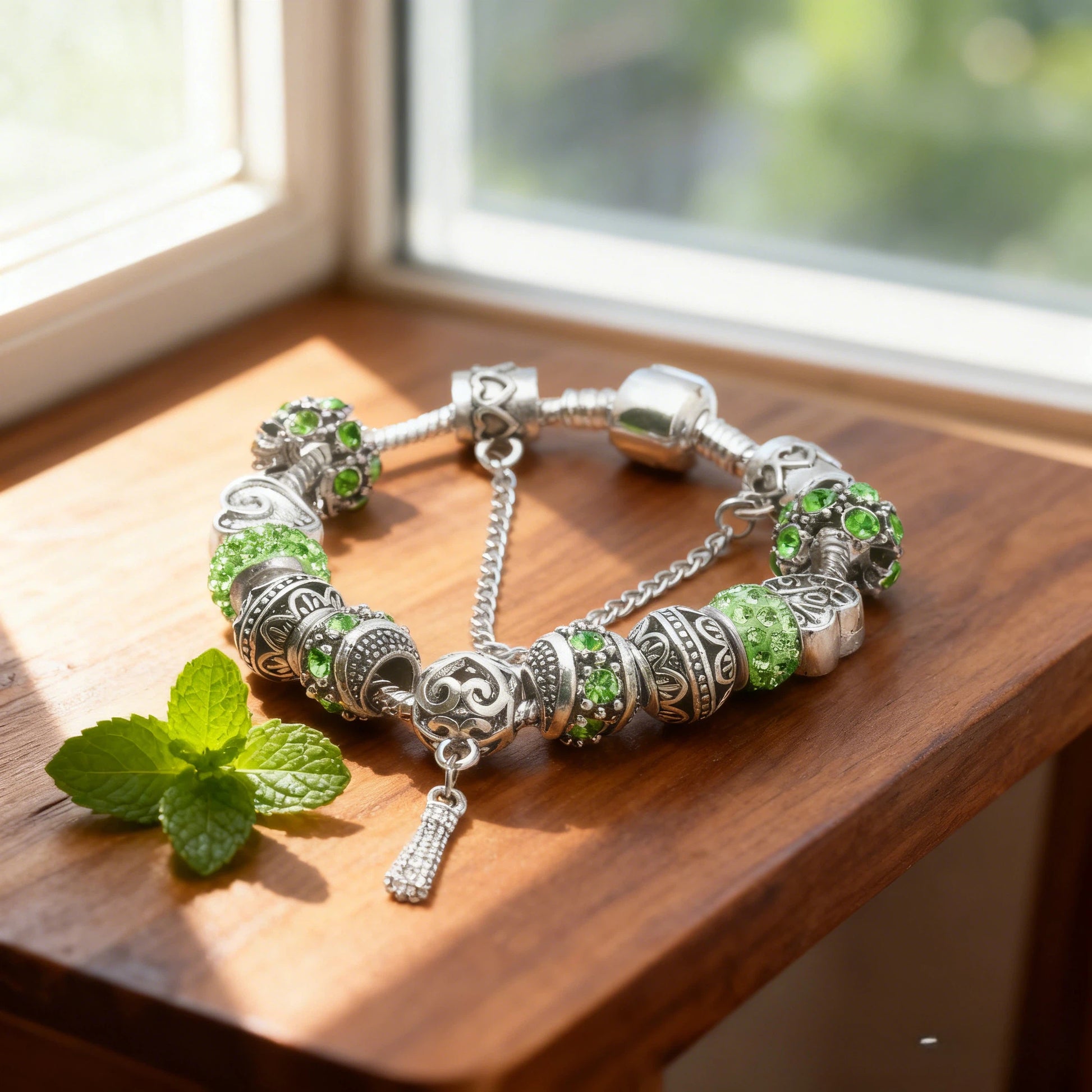 Women’s Vintage Silver-Plated Charm Bracelet - Crystal-Embedded Hollow Carved Multi-Bead Fashion Jewelry(green-20cm) - Image 2