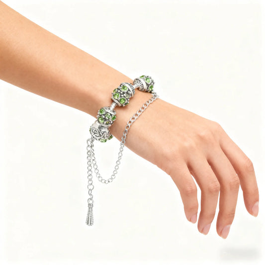 Women’s Vintage Silver-Plated Charm Bracelet - Crystal-Embedded Hollow Carved Multi-Bead Fashion Jewelry(green-20cm) - Image 3