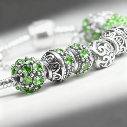 Women’s Vintage Silver-Plated Charm Bracelet - Crystal-Embedded Hollow Carved Multi-Bead Fashion Jewelry(green-20cm) - Image 4