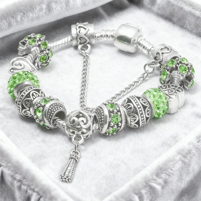 Women’s Vintage Silver-Plated Charm Bracelet - Crystal-Embedded Hollow Carved Multi-Bead Fashion Jewelry(green-20cm) - Image 5