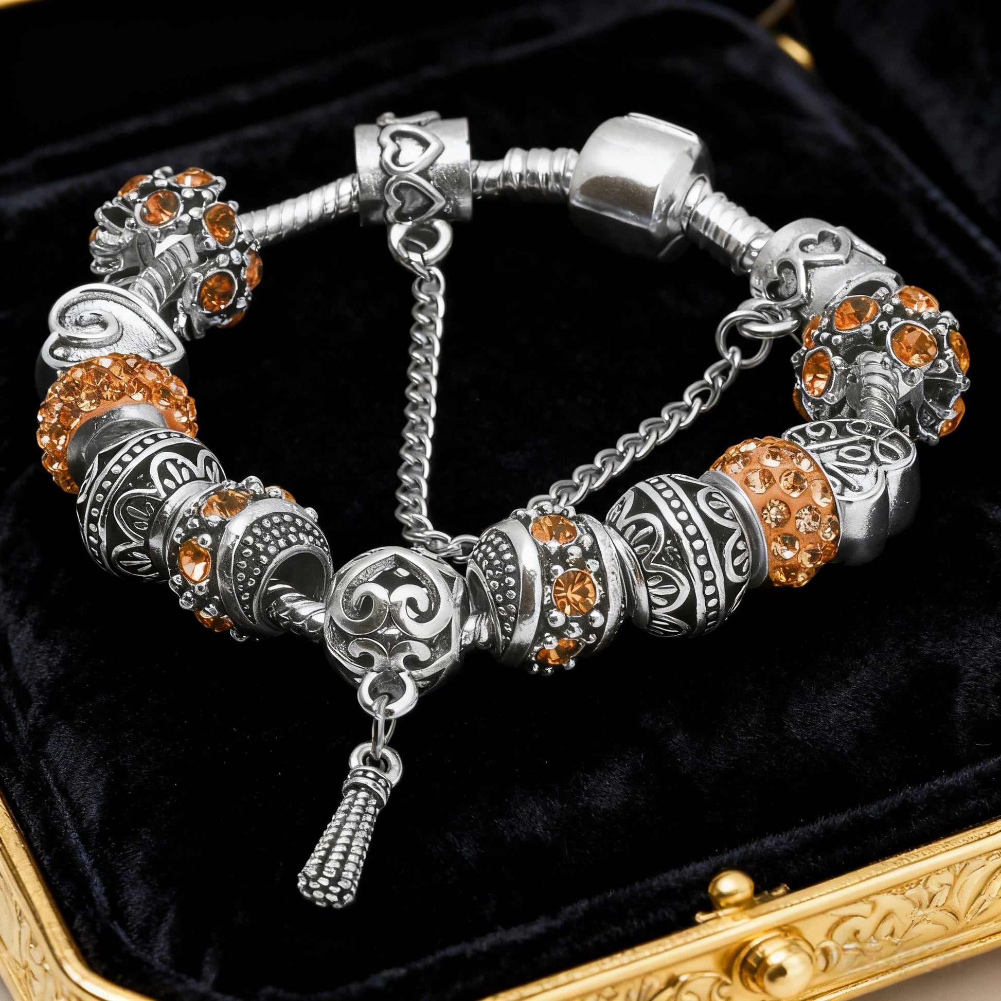 Women’s Vintage Silver-Plated Charm Bracelet - Crystal-Embedded Hollow Carved Multi-Bead Fashion Jewelry(orange-18cm) - Image 3