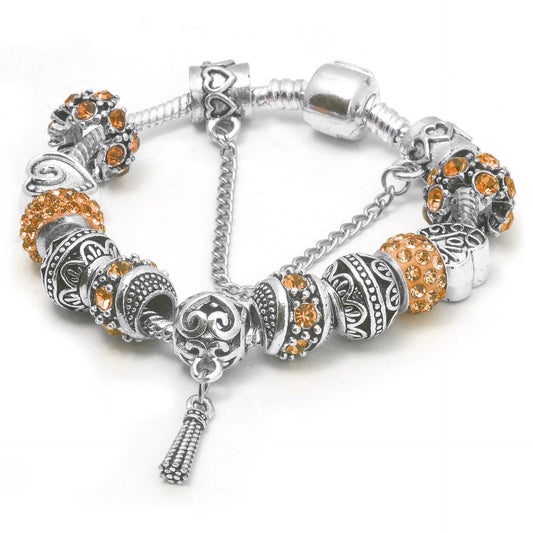 Women’s Vintage Silver-Plated Charm Bracelet - Crystal-Embedded Hollow Carved Multi-Bead Fashion Jewelry(orange-20cm)