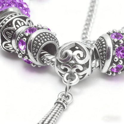 Women’s Vintage Silver-Plated Charm Bracelet - Crystal-Embedded Hollow Carved Multi-Bead Fashion Jewelry(purple-17cm) - Image 2