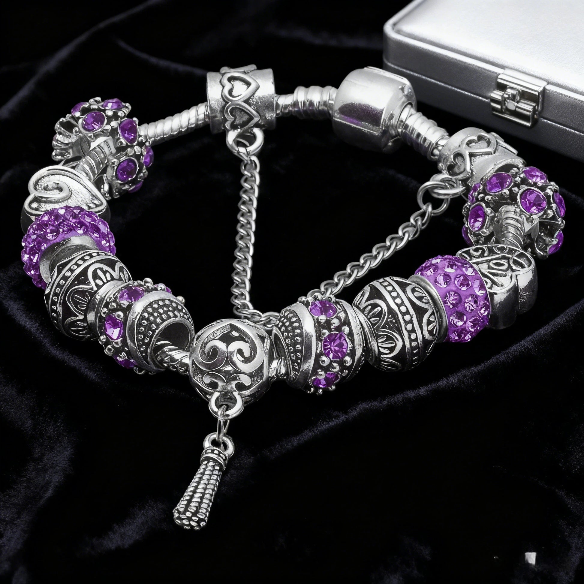 Women’s Vintage Silver-Plated Charm Bracelet - Crystal-Embedded Hollow Carved Multi-Bead Fashion Jewelry(purple-17cm) - Image 3