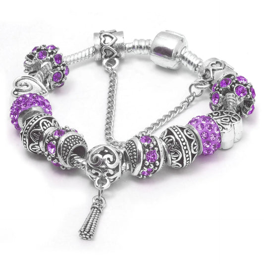 Women’s Vintage Silver-Plated Charm Bracelet - Crystal-Embedded Hollow Carved Multi-Bead Fashion Jewelry(purple-18cm)