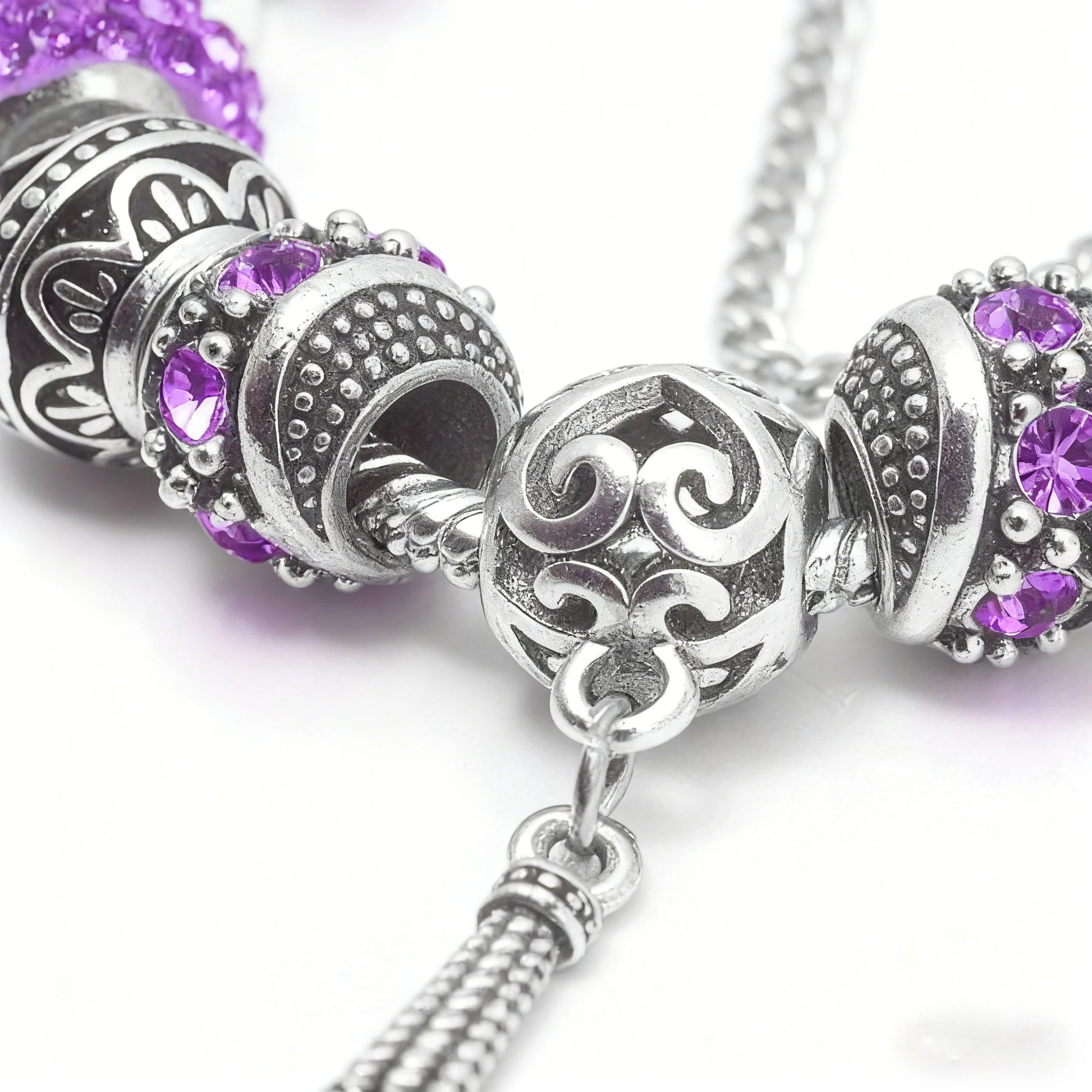 Women’s Vintage Silver-Plated Charm Bracelet - Crystal-Embedded Hollow Carved Multi-Bead Fashion Jewelry(purple-20cm) - Image 2