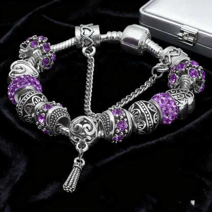 Women’s Vintage Silver-Plated Charm Bracelet - Crystal-Embedded Hollow Carved Multi-Bead Fashion Jewelry(purple-20cm) - Image 3