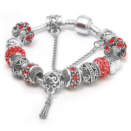 Women’s Vintage Silver-Plated Charm Bracelet - Crystal-Embedded Hollow Carved Multi-Bead Fashion Jewelry(red-18cm)