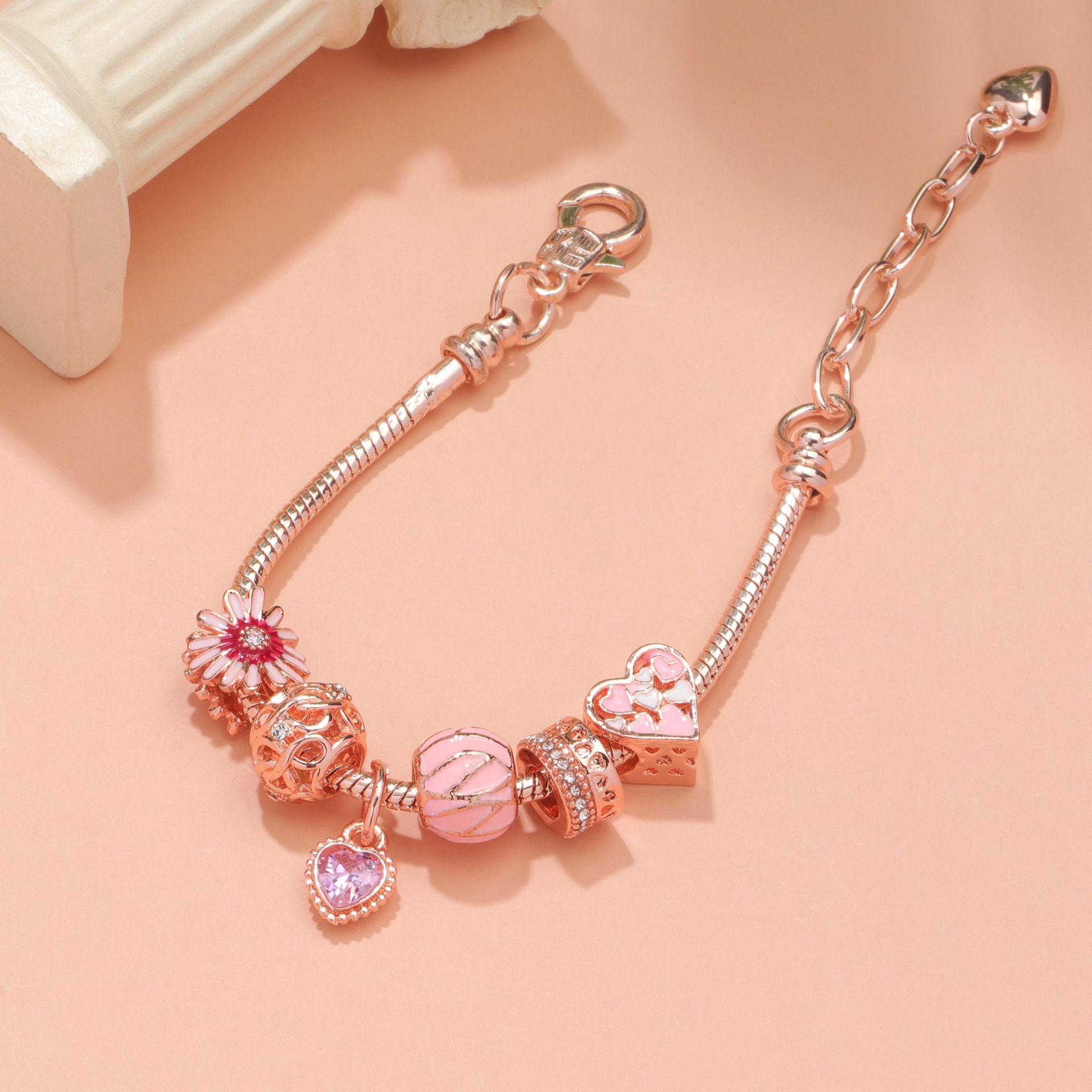 Rhinestone Daisy & Hollow Heart Charm Bracelet - Minimalist Fashion Zinc Alloy Electroplated Jewelry(20cm) - Image 2