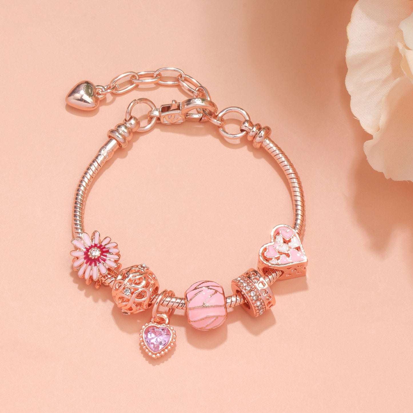 Rhinestone Daisy & Hollow Heart Charm Bracelet - Minimalist Fashion Zinc Alloy Electroplated Jewelry(20cm) - Image 3