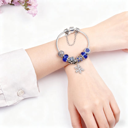 Snowflake Pendant Bracelet - Blue Cat’s Eye & Glass Beads, Zinc Alloy with Rhinestone Silver Carved Charms(17cm) - Image 2