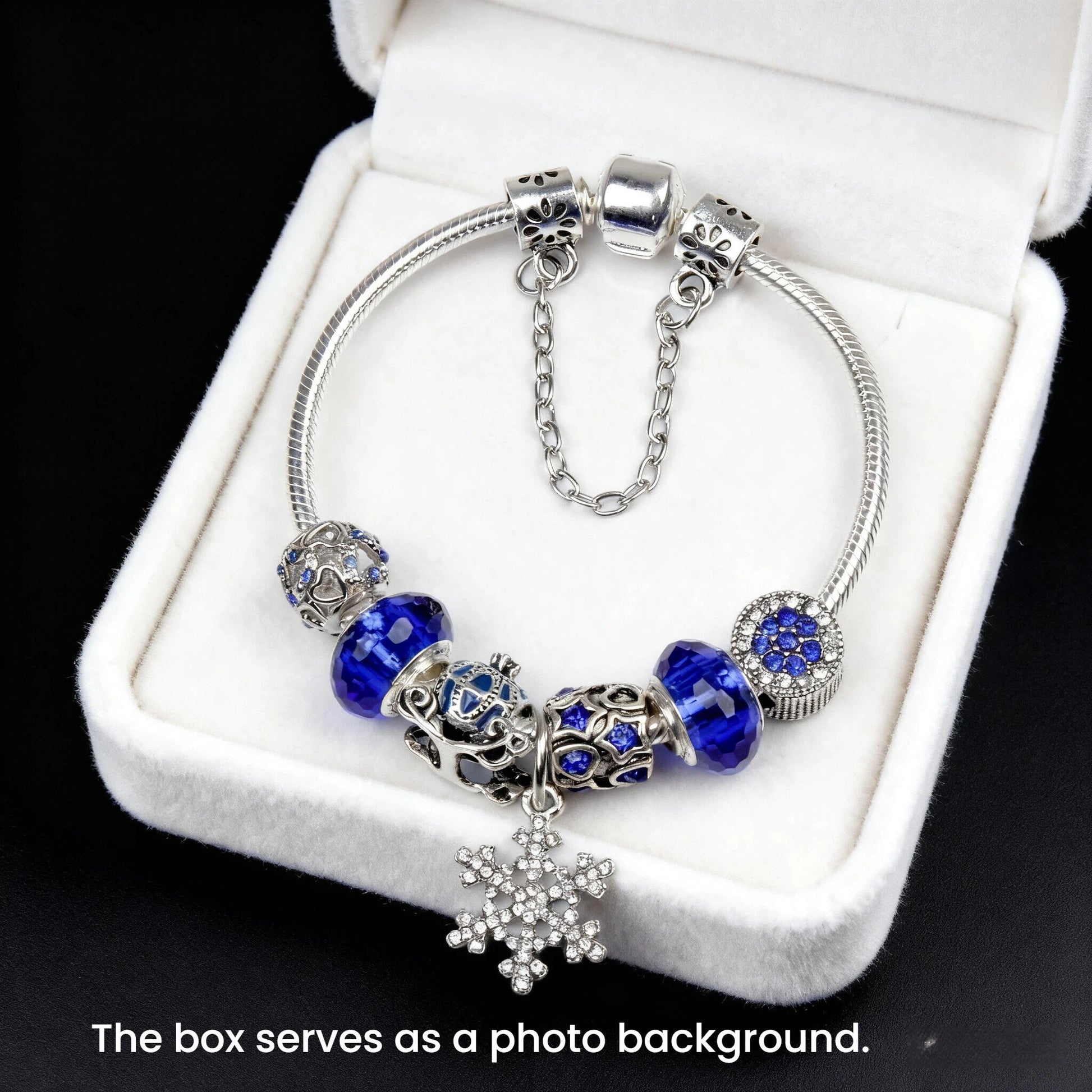 Snowflake Pendant Bracelet - Blue Cat’s Eye & Glass Beads, Zinc Alloy with Rhinestone Silver Carved Charms(18cm) - Image 3