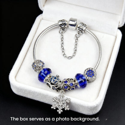 Snowflake Pendant Bracelet - Blue Cat’s Eye & Glass Beads, Zinc Alloy with Rhinestone Silver Carved Charms(18cm) - Image 3