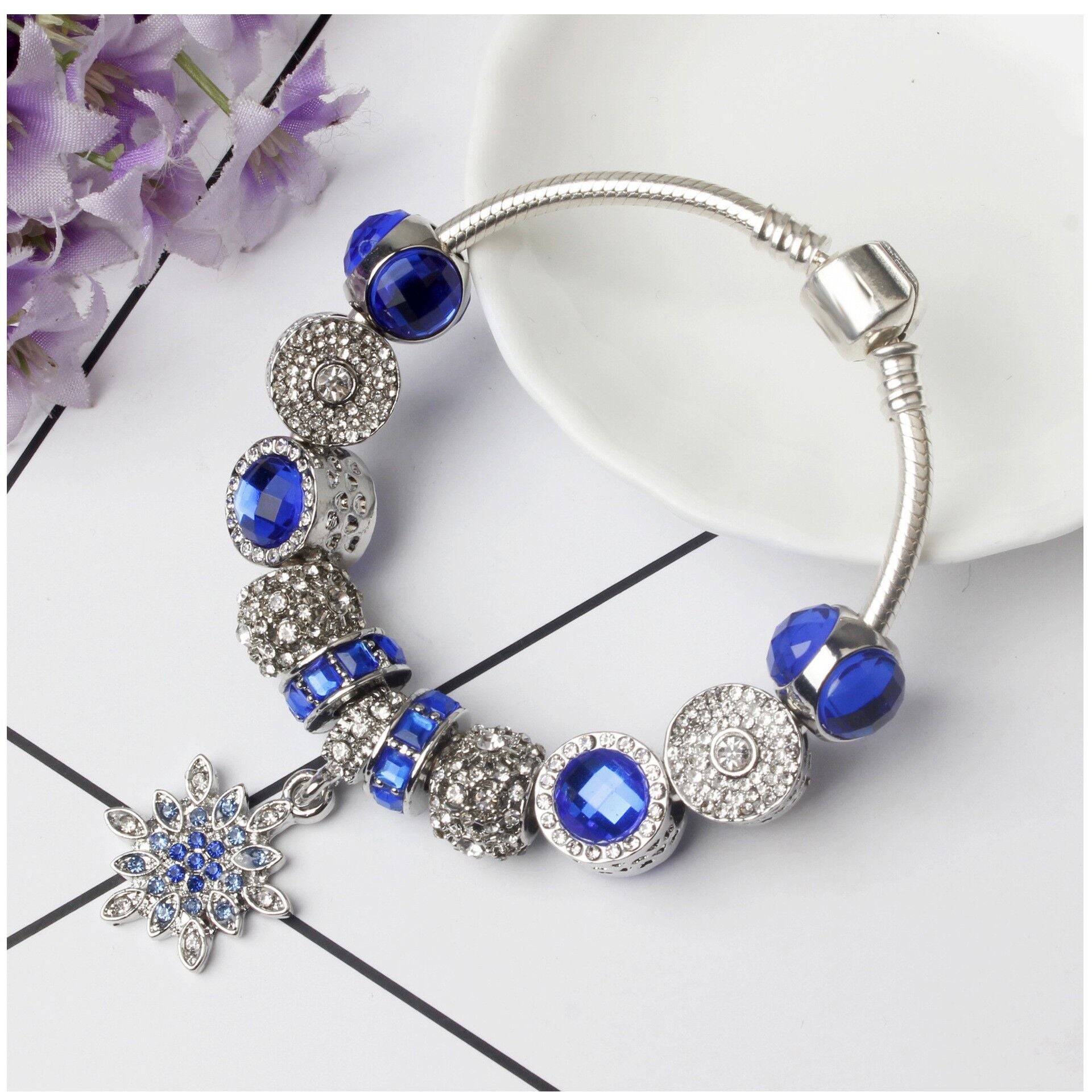 Blue Cat's Eye Glass Bead Bracelet - Zinc Alloy Rhinestone & Snowflake Pendant(19cm)
