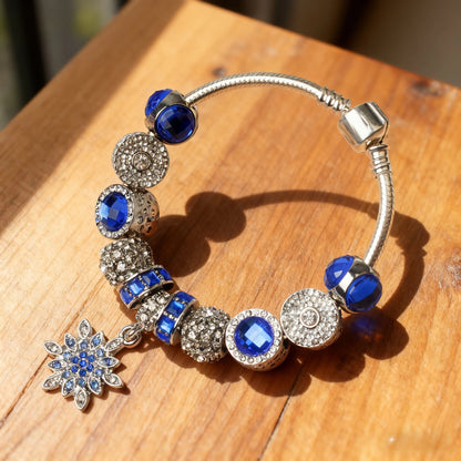 Blue Cat's Eye Glass Bead Bracelet - Zinc Alloy Rhinestone & Snowflake Pendant(19cm) - Image 3