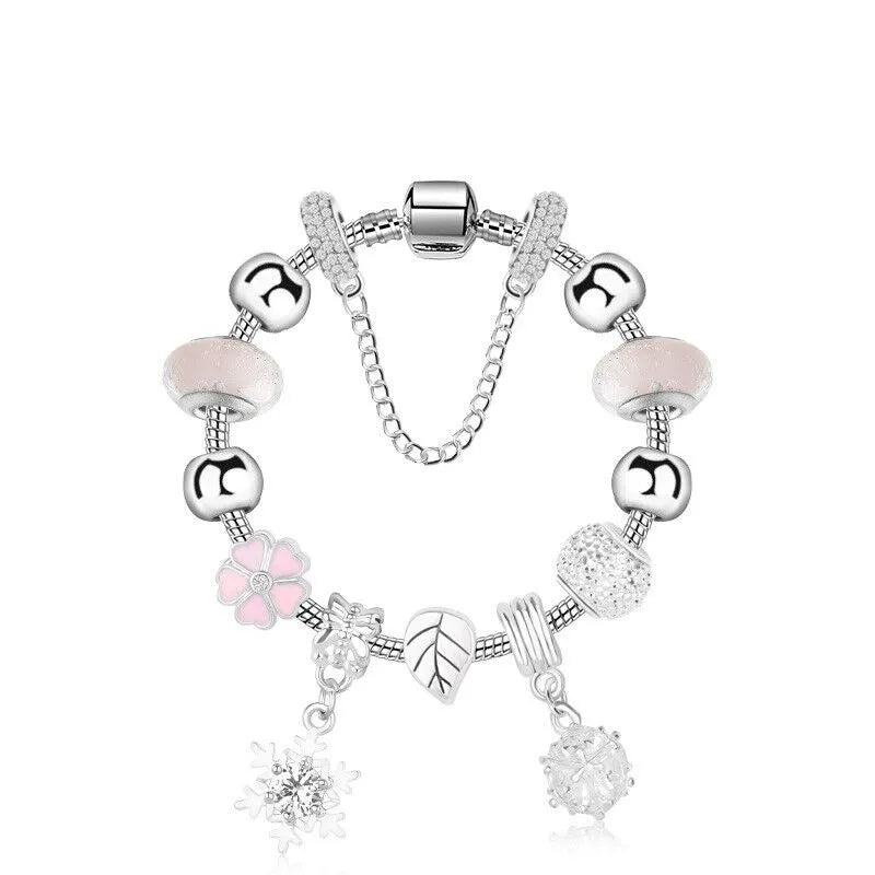 Women’s Rhinestone Cherry Blossom & Snowflake Pendant Bracelet(17cm)
