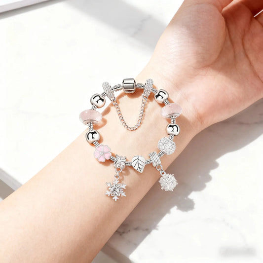 Women’s Rhinestone Cherry Blossom & Snowflake Pendant Bracelet(20cm) - Image 3