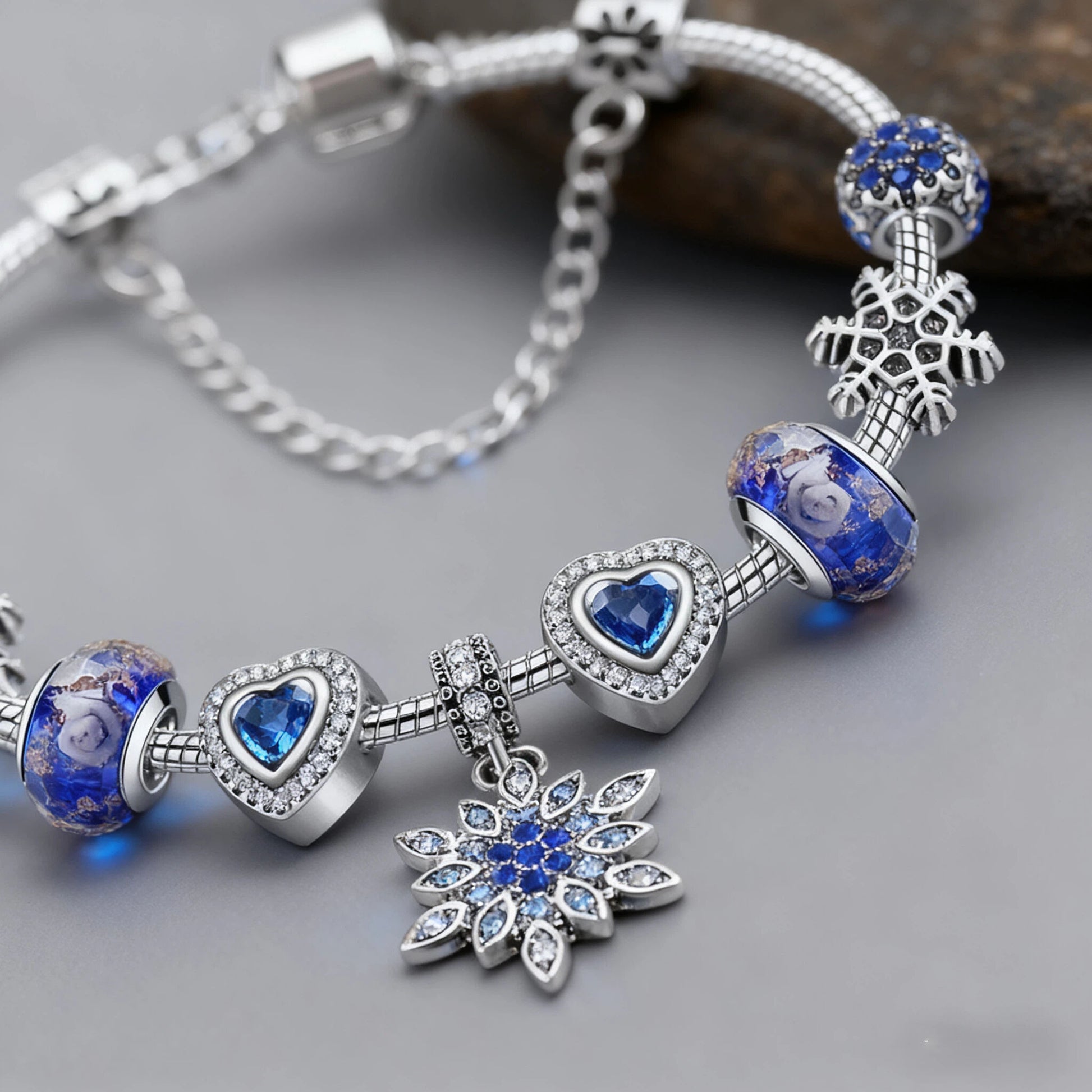 Blue Cat’s Eye & Glass Bead Bracelet – Rhinestone Snowflake Pendant(17cm) - Image 3