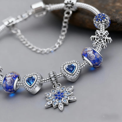 Blue Cat’s Eye & Glass Bead Bracelet – Rhinestone Snowflake Pendant(17cm) - Image 3