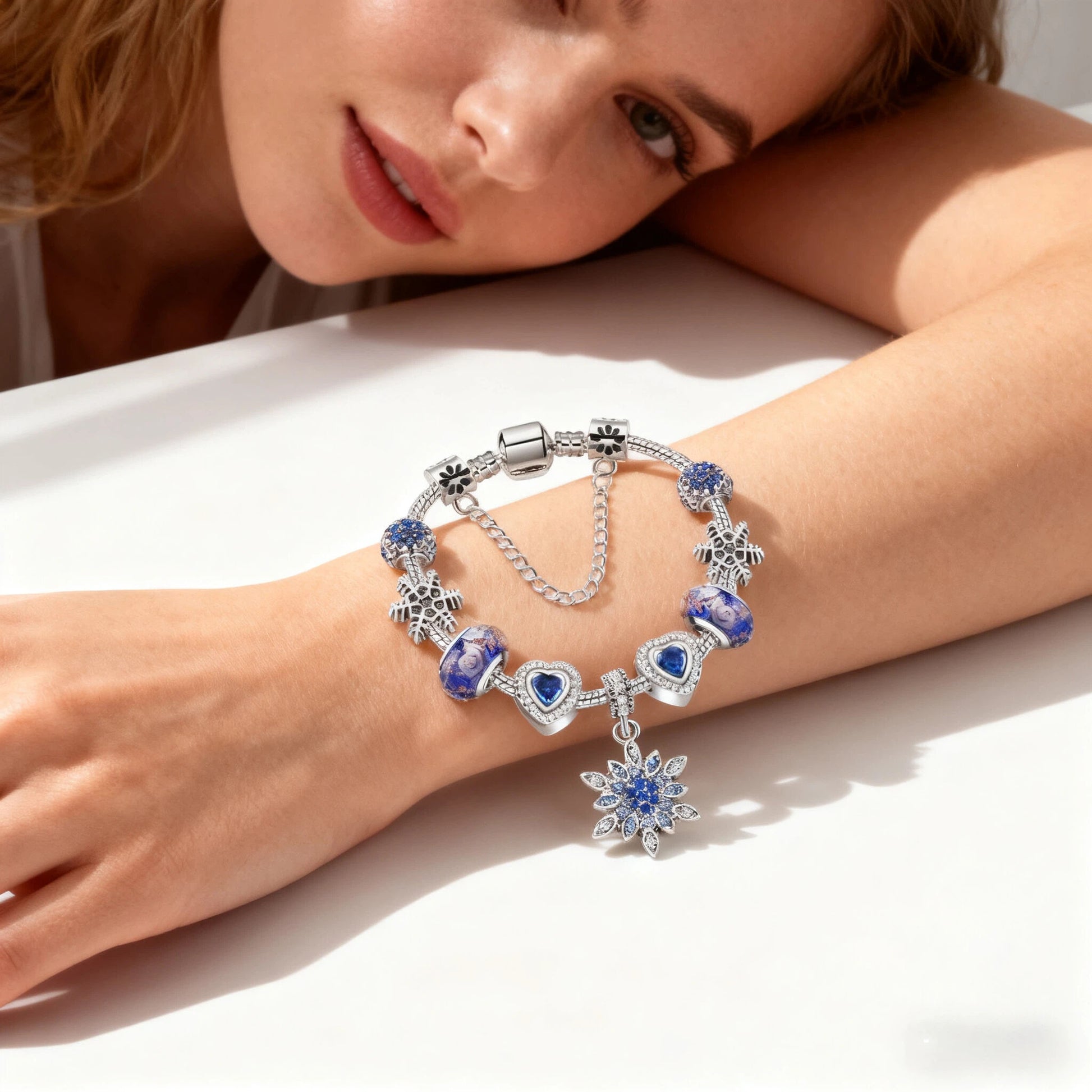 Blue Cat’s Eye & Glass Bead Bracelet – Rhinestone Snowflake Pendant(17cm) - Image 4