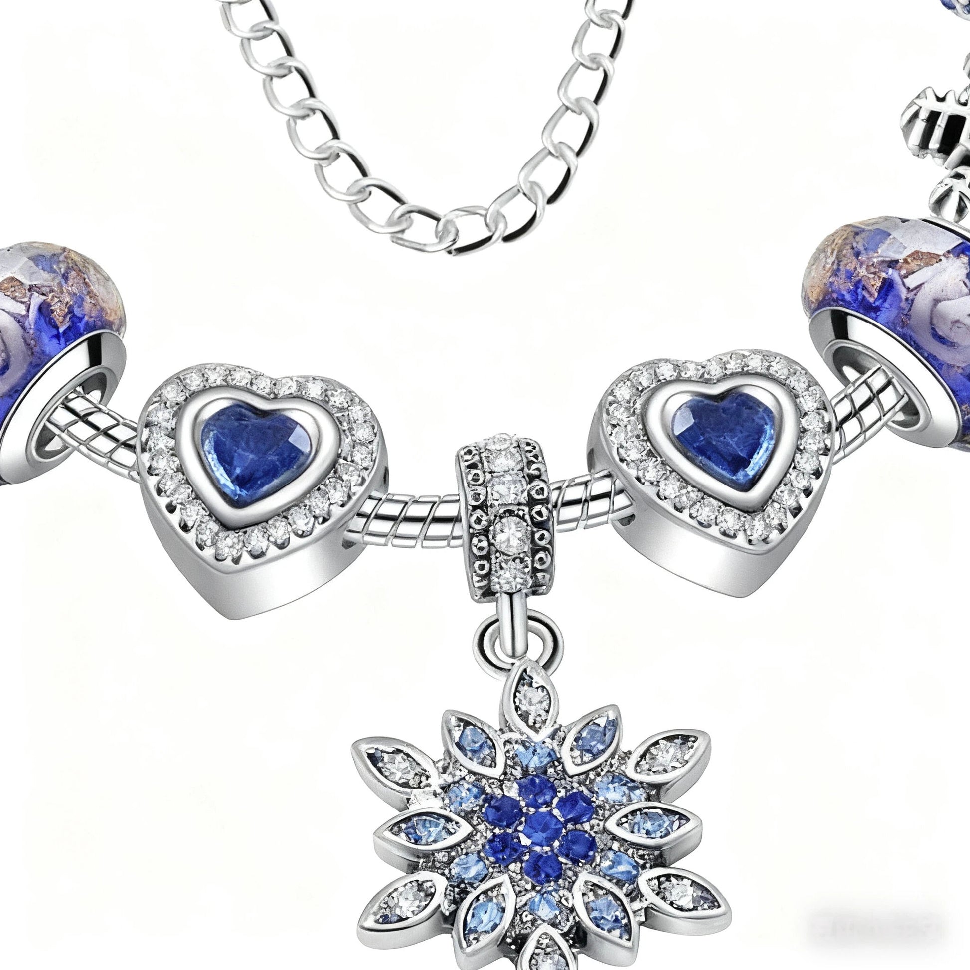Blue Cat’s Eye & Glass Bead Bracelet – Rhinestone Snowflake Pendant(18cm) - Image 2