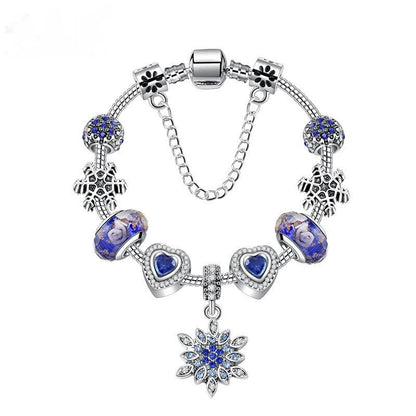 Blue Cat’s Eye & Glass Bead Bracelet – Rhinestone Snowflake Pendant(20cm)