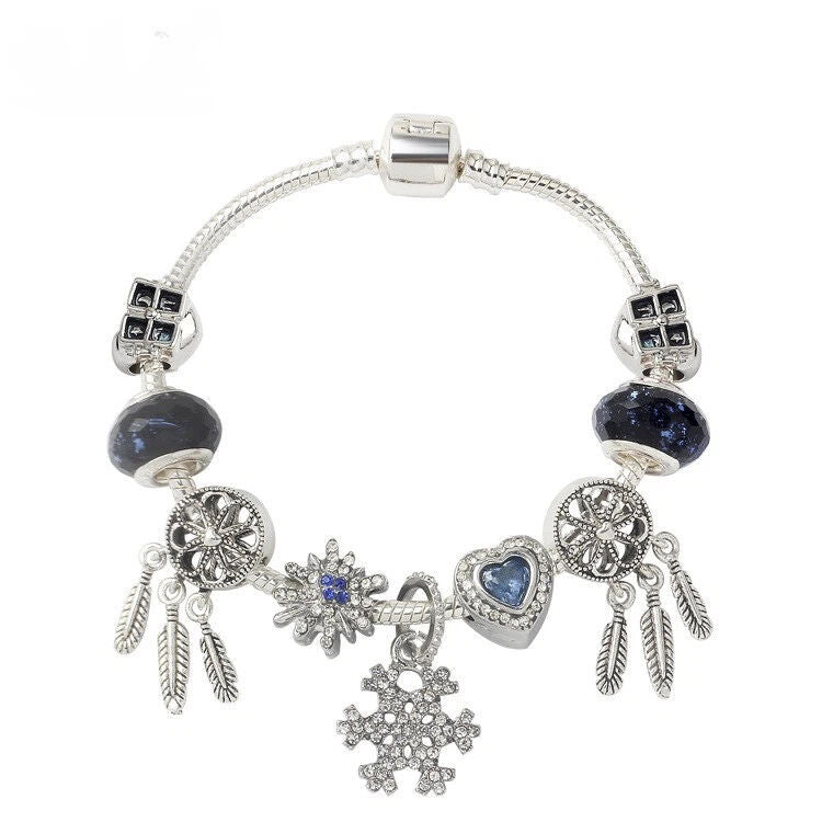 Pandora-Style Rhinestone Blue Cat’s Eye Heart Bracelet: Glass Beads, Dreamcatcher Feather Snowflake(18cm)