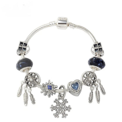 Pandora-Style Rhinestone Blue Cat’s Eye Heart Bracelet: Glass Beads, Dreamcatcher Feather Snowflake(18cm)