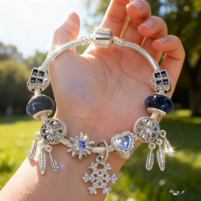 Pandora-Style Rhinestone Blue Cat’s Eye Heart Bracelet: Glass Beads, Dreamcatcher Feather Snowflake(20cm) - Image 2