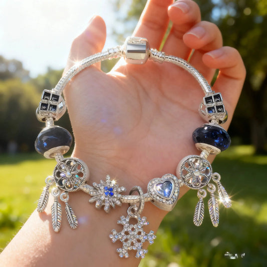 Pandora-Style Rhinestone Blue Cat’s Eye Heart Bracelet: Glass Beads, Dreamcatcher Feather Snowflake(20cm) - Image 2