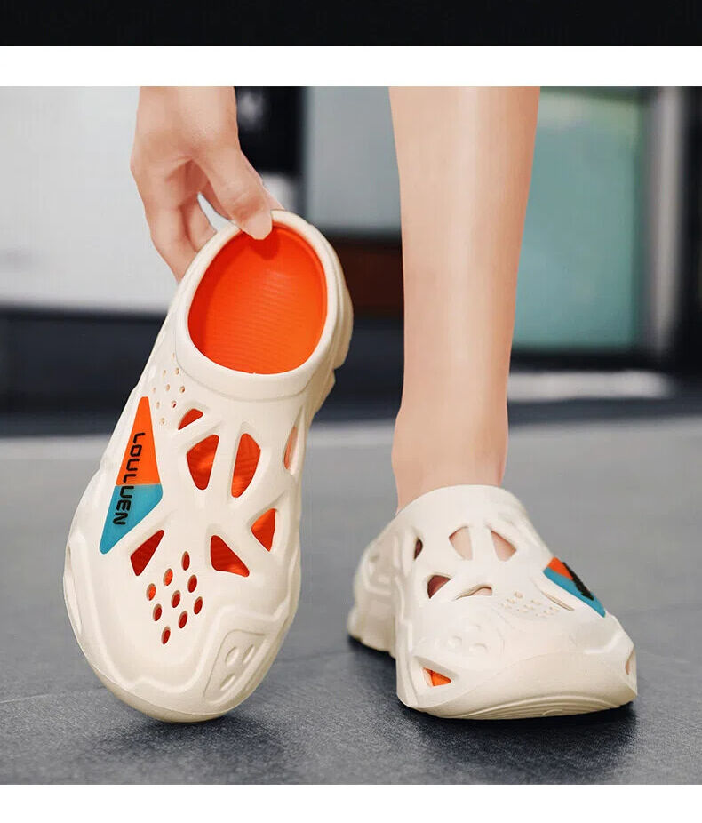 Men's Summer EVA Crocs with 3 Color Options - Breathable, Non-Slip, Comfortable Beach & Casual Sandals(white&orange-38-39) - Image 3