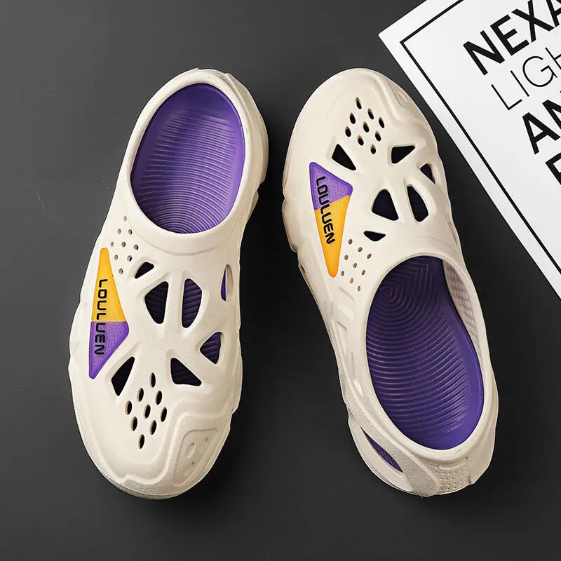 Men's Summer EVA Crocs with 3 Color Options - Breathable, Non-Slip, Comfortable Beach & Casual Sandals(white&purple-42-43)