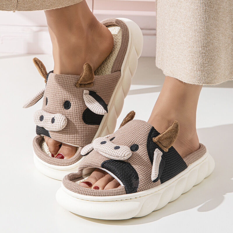 Unisex Cow Cartoon Linen Slippers: EVA Thick Sole Non-Slip Beach Sandals for Couples & Parent-Child, 7 Styles(coffee brown-41-42)