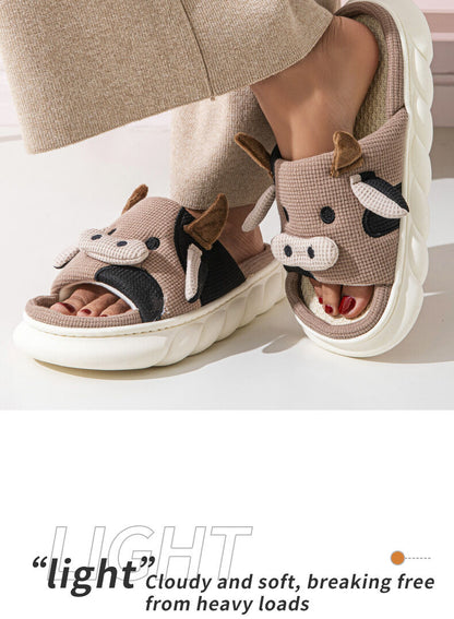 Unisex Cow Cartoon Linen Slippers: EVA Thick Sole Non-Slip Beach Sandals for Couples & Parent-Child, 7 Styles(coffee brown-41-42) - Image 2