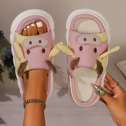 Unisex Cow Cartoon Linen Slippers: EVA Thick Sole Non-Slip Beach Sandals for Couples & Parent-Child, 7 Styles(pink-43-44)