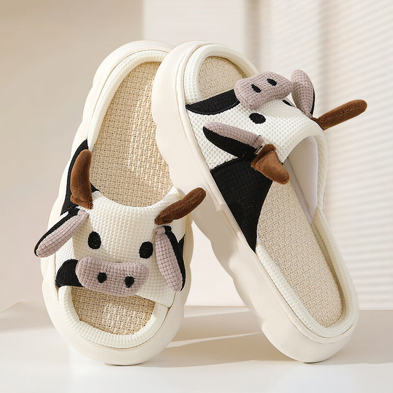 Unisex Cow Cartoon Linen Slippers: EVA Thick Sole Non-Slip Beach Sandals for Couples & Parent-Child, 7 Styles(white-39-40) - Image 2