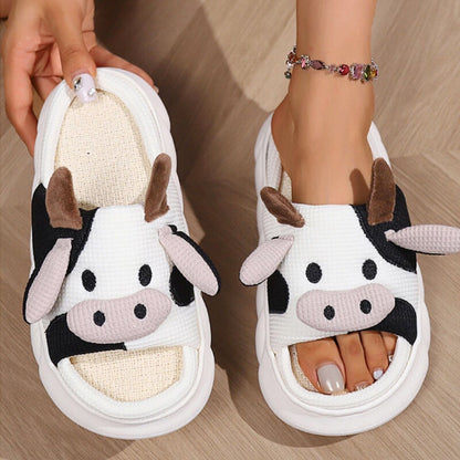 Unisex Cow Cartoon Linen Slippers: EVA Thick Sole Non-Slip Beach Sandals for Couples & Parent-Child, 7 Styles(white-41-42) - Image 4