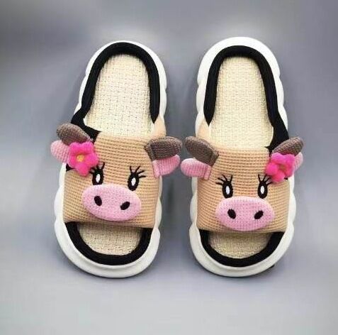 Unisex Cow Cartoon Linen Slippers: EVA Thick Sole Non-Slip Beach Sandals for Couples & Parent-Child, 7 Styles(khaki-37-38)