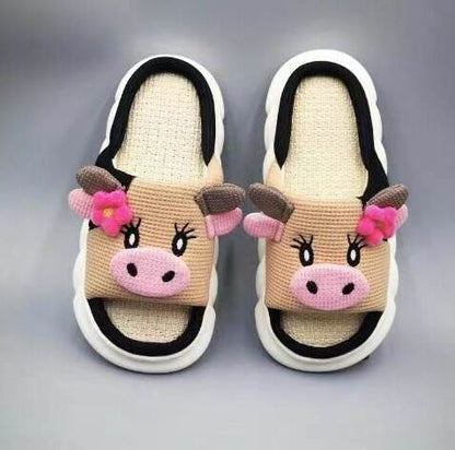 Unisex Cow Cartoon Linen Slippers: EVA Thick Sole Non-Slip Beach Sandals for Couples & Parent-Child, 7 Styles(khaki-41-42)
