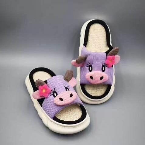 Unisex Cow Cartoon Linen Slippers: EVA Thick Sole Non-Slip Beach Sandals for Couples & Parent-Child, 7 Styles(purple-41-42)